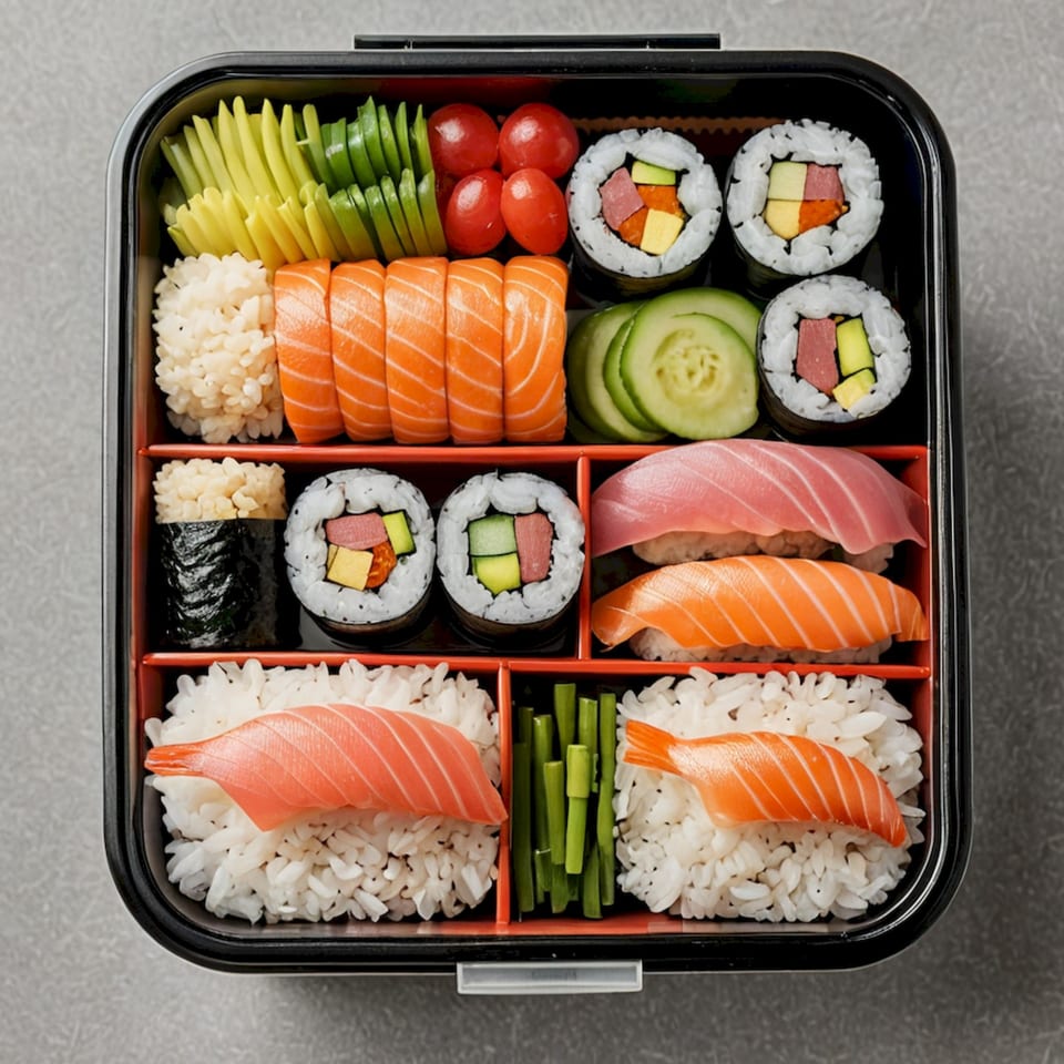 A bento box filled with various Shogun Sushi & Hibachi sushi rolls, nigiri, and fresh vegetables.