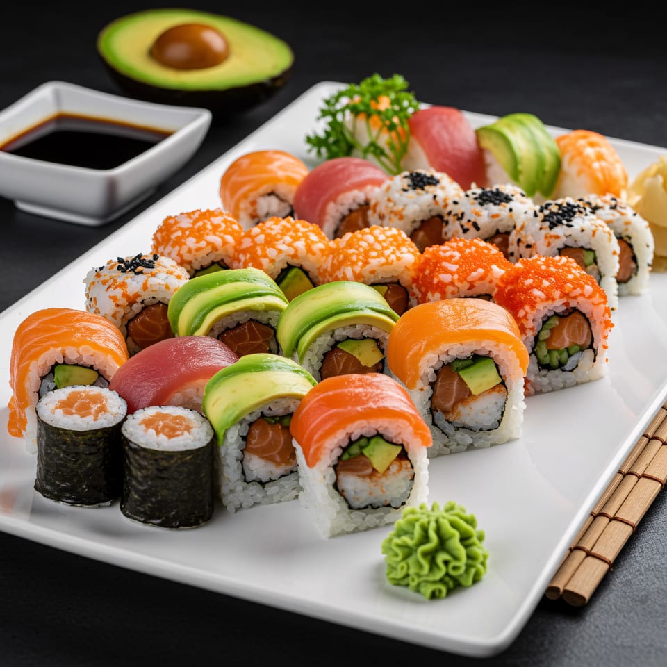 A large platter of Shogun Sushi & Hibachi's diverse sushi rolls, nigiri, and sashimi with soy sauce.