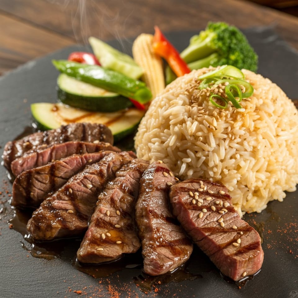 Steaming hibachi steak slices with sesame seeds, fried rice, and grilled vegetables on a dark plate.