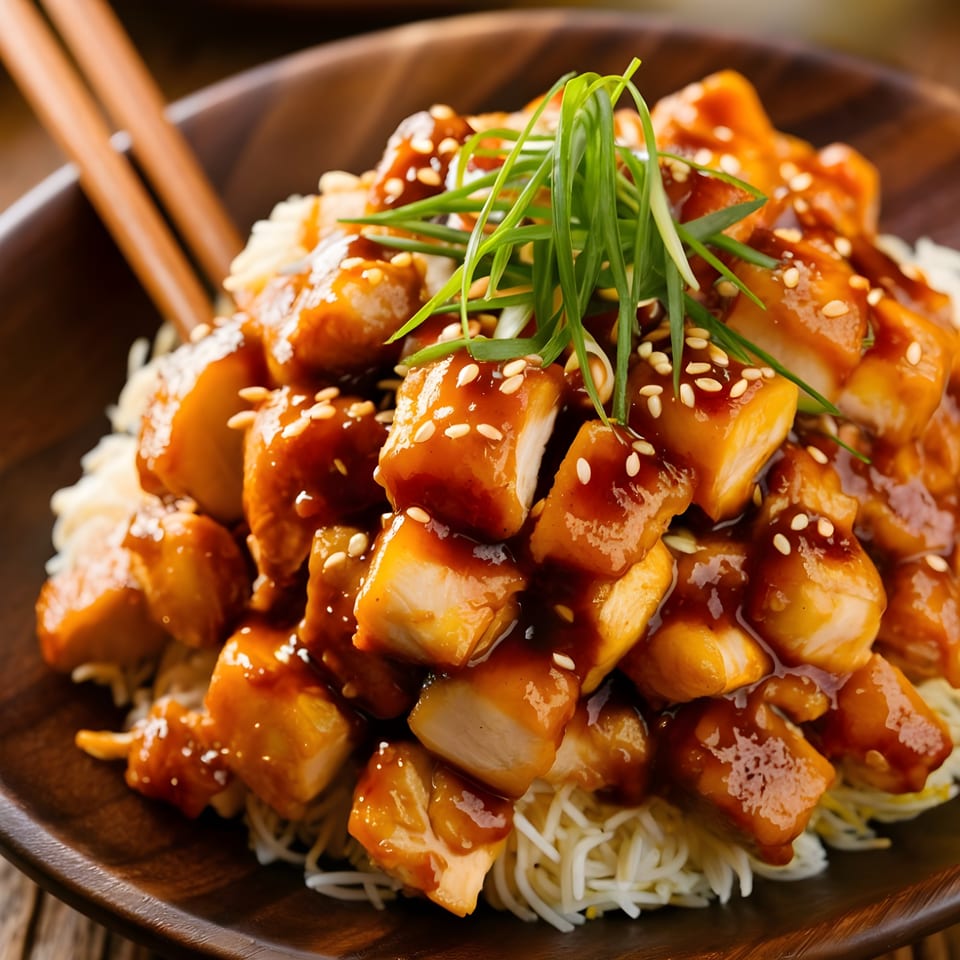 Teriyaki chicken with sesame seeds and green onions over rice noodles in a wooden bowl.