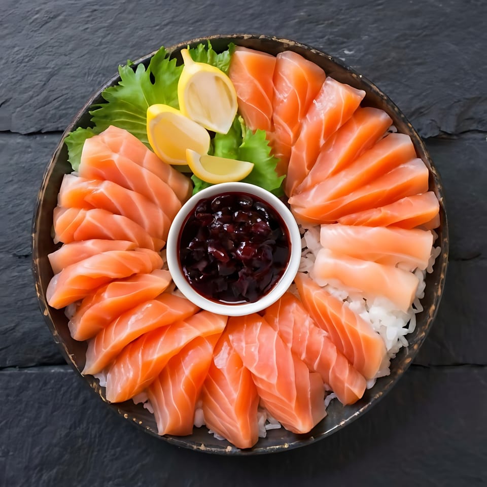 Shogun Sushi & Hibachi's salmon sashimi platter with rice, lemon, lettuce, and a dark sauce.